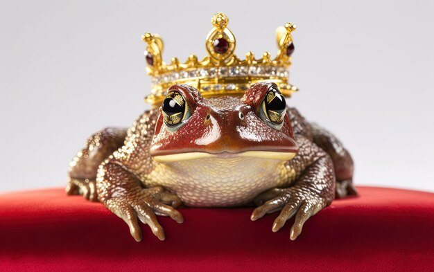 a frog wearing a crown sits on a red cloth