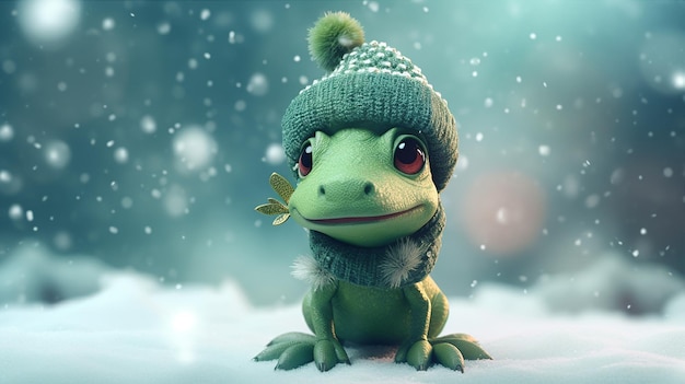 A frog wearing a hat with a fur hat that says'snow frog'on it