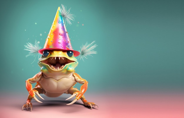 A frog wearing a party hat with the word frog on it.
