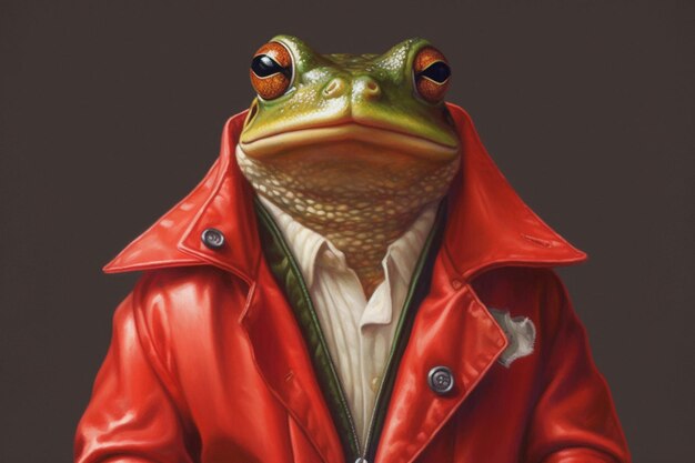 A frog wearing a red jacket with the number 6 on