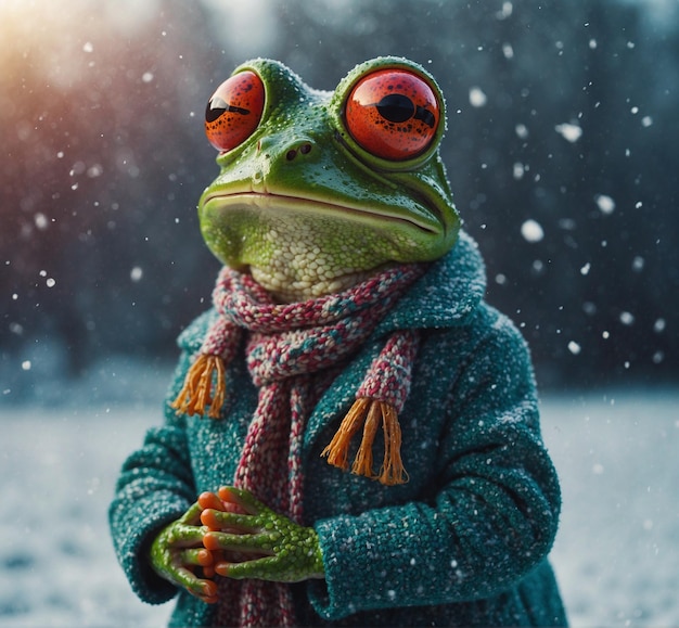 a frog wearing a scarf and scarf stands in the snow