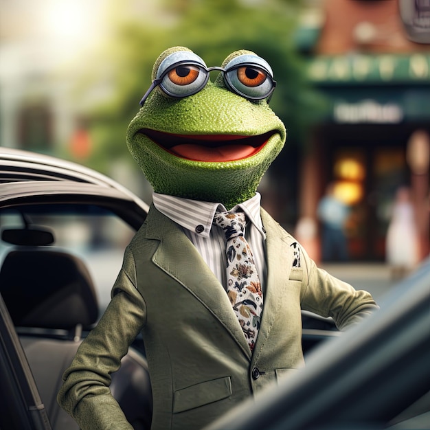 Photo a frog wearing a suit and tie is standing in a car