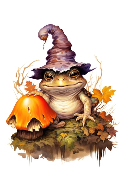 A frog wearing a witch hat and holding a pumpkin Generative AI