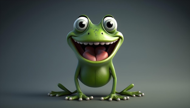 A frog with big eyes and big eyes sits on a grey background.