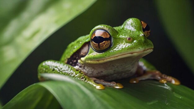 Photo a frog with a black nose sits on a leaf