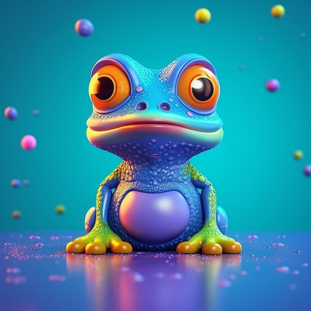 A frog with a blue and green body sits on a blue surface.