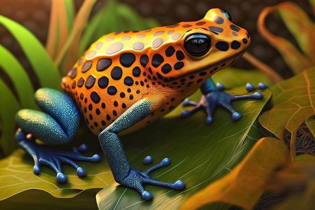 A frog with a bright orange and black body and blue spots sits on a leaf.