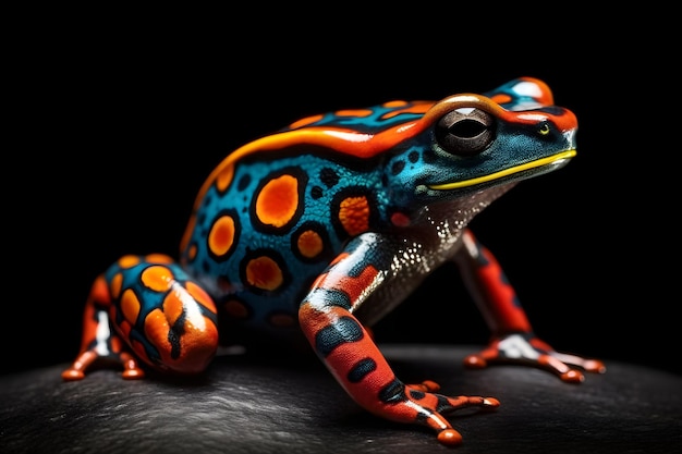 A frog with a bright orange and blue body on black background