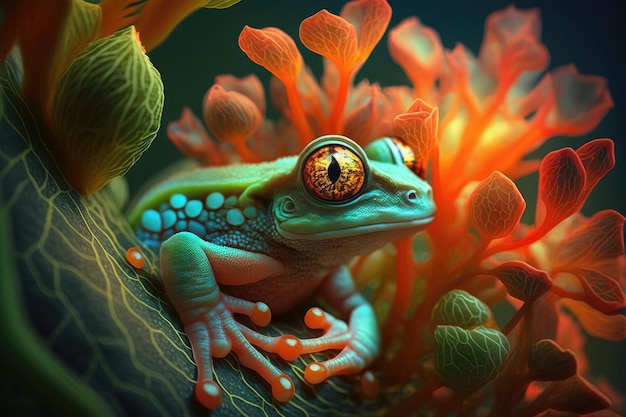 A frog with a bright orange eye sits on a plant.