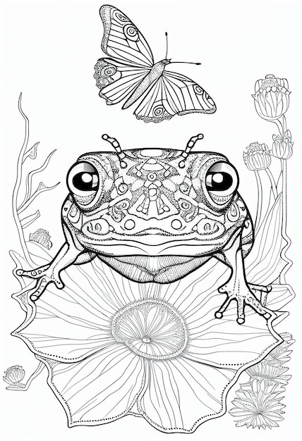 a frog with a butterfly on its back sitting on a flower generative ai