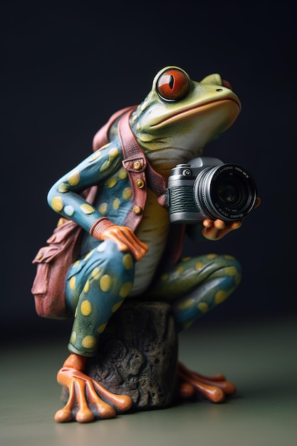 A frog with a camera sits on a stump.