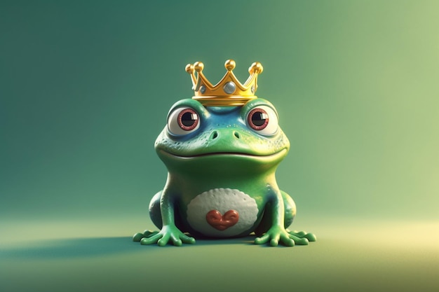 A frog with a crown on his head is sitting on a green background.