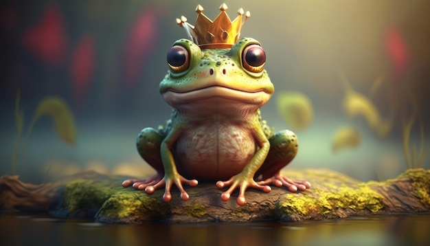 A frog with a crown on his head sits on a rock.