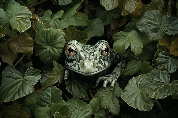 Frog with eyes and a green leaf