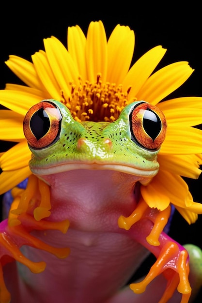 Photo a frog with a flower in his mouth