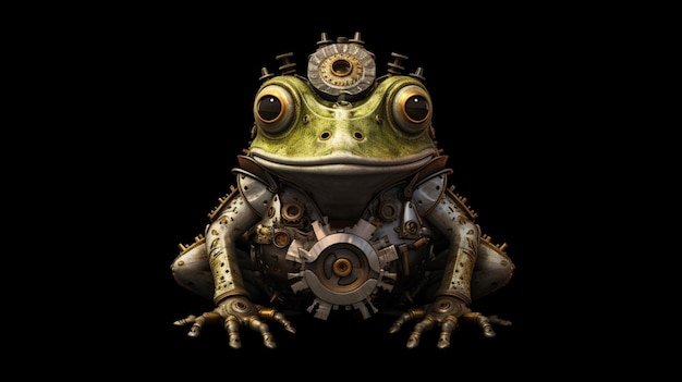 Photo a frog with gears and a helmet sits on a black