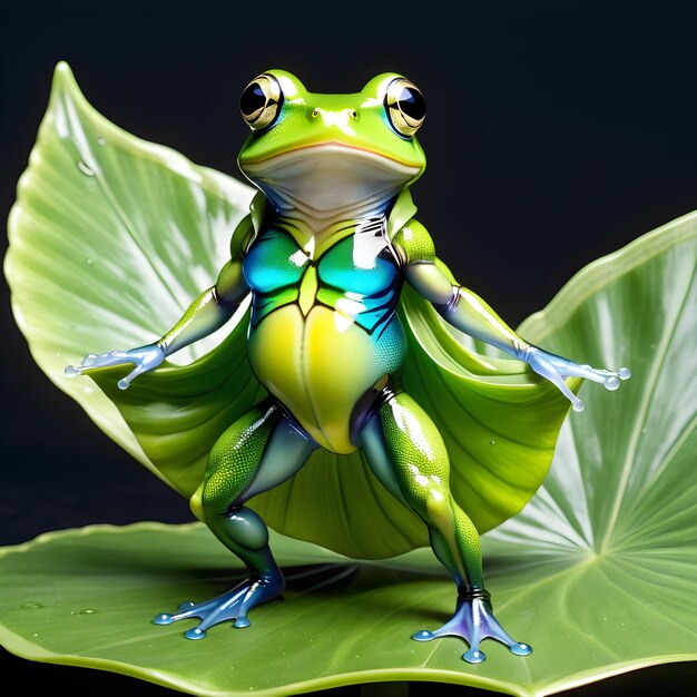 a frog with a green body and a blue and yellow body is standing on a leaf