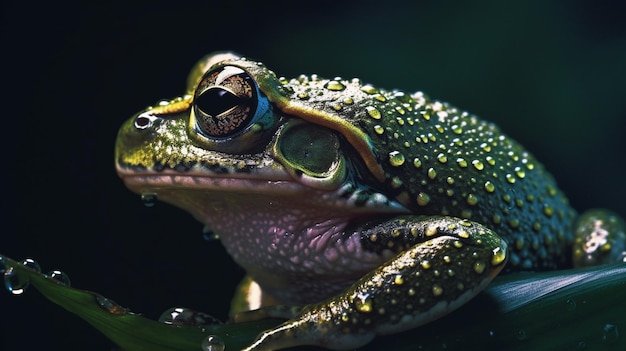 Foto una rana con un corpo verde e un grande corpo verde siede in uno stagno.