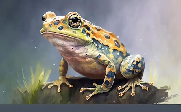 Photo a frog with a green body and orange eyes sits on a branch. llustrations cartoon style ai generated