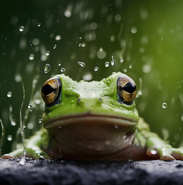 頭に緑のカエルを乗せたカエルが濡れた表面に座っています。