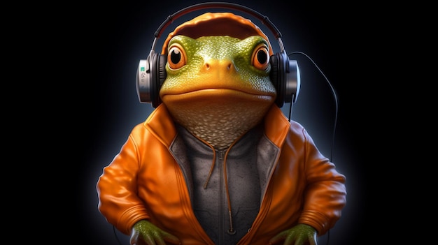 Photo a frog with a headphones and a hoodie