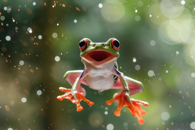 A frog with a humorous expression midjump