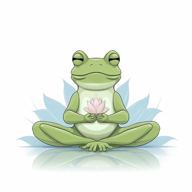 Photo a frog with a lotus flower in his hand is sitting on a white background.