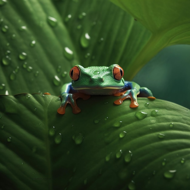 A frog with orange eyes sits on a leaf with rain drops on it.