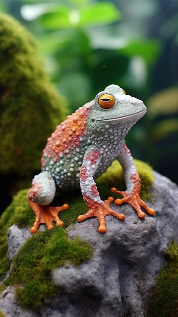 a frog with orange eyes sits on a rock.