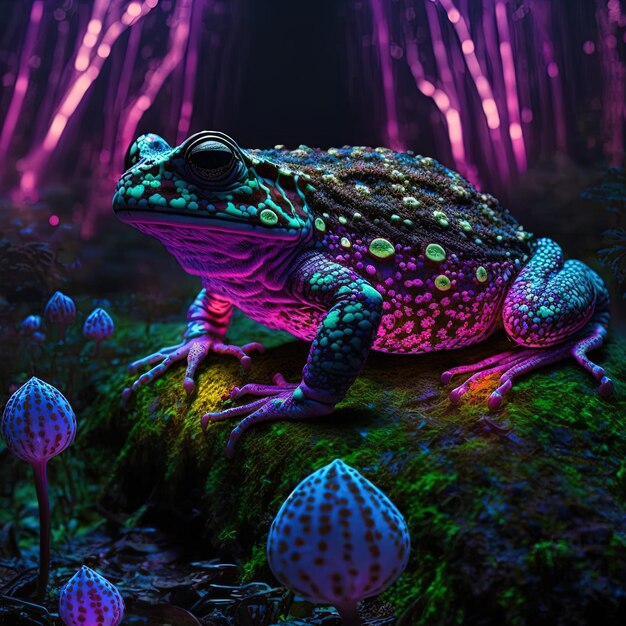 a frog with a purple body and green eyes sits on a mossy surface