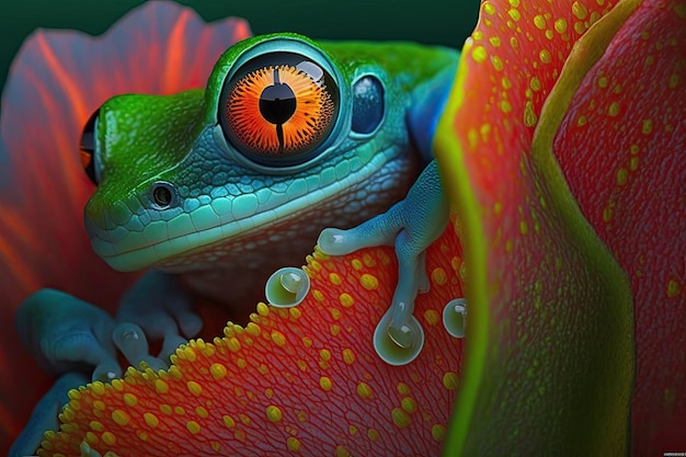 A frog with a red eye sits in a flower.