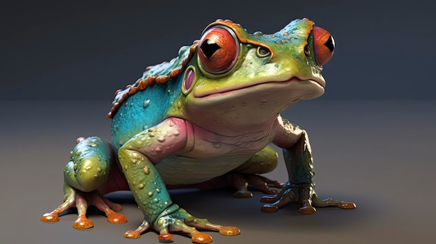 A frog with a red eye sits on a grey background.