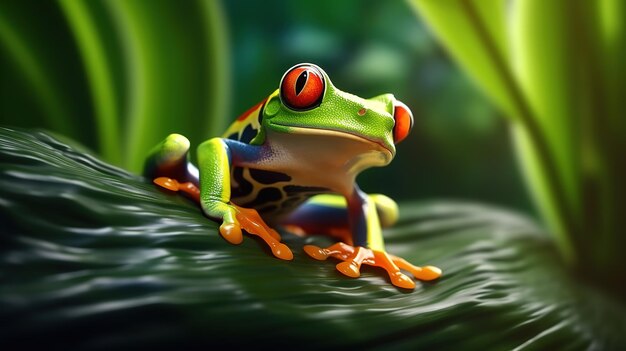 A frog with a red eye sits on a leaf.