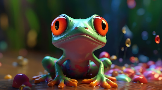 A frog with a red eye sits on a table next to a green background.