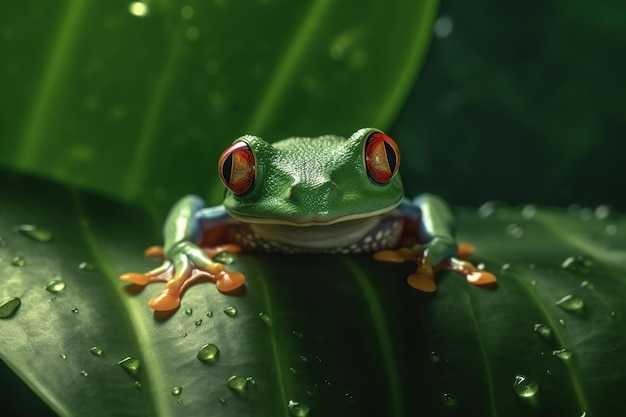 A frog with red eyes sits on a leaf with a green background.