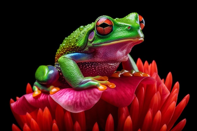 A frog with red eyes sits on a pink flower.