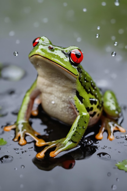 赤い目を持つカエルが雨の中に座っています