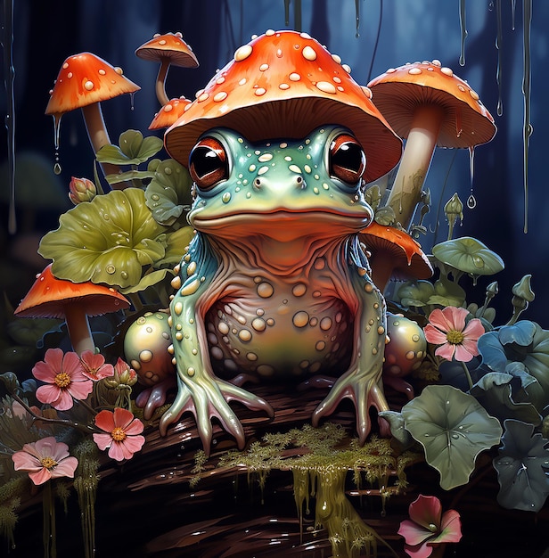 A frog with a red hat and orange mushrooms on it