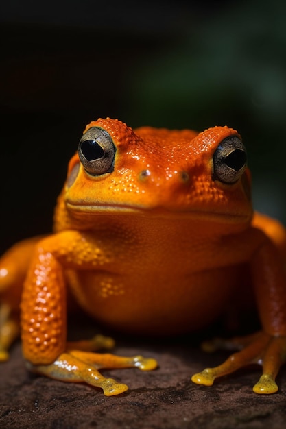 A frog with a red head and black eyes sits on a branch.