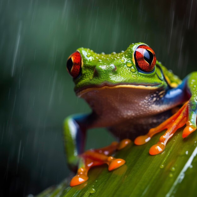 A frog with a red and yellow body sits on a leaf