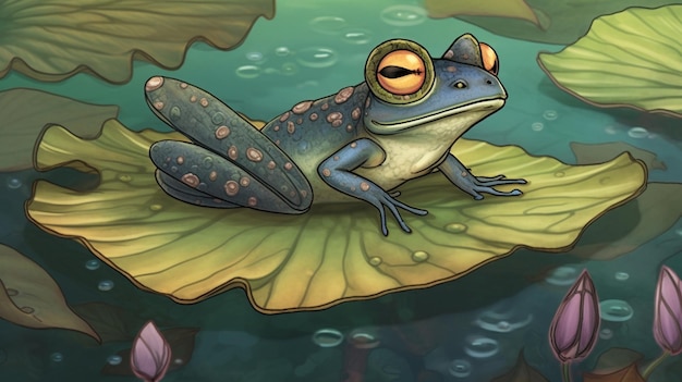 A frog with a reflective eye sits on a leaf.