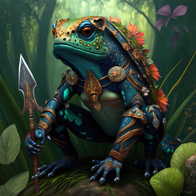 a frog with a sword and a dragon with a sword in his hand