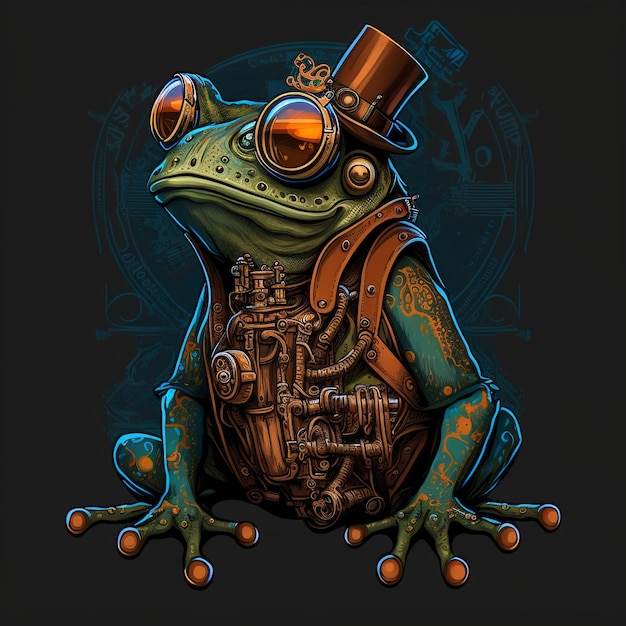 A frog with a top hat and steampunk top hat sits on a black background.
