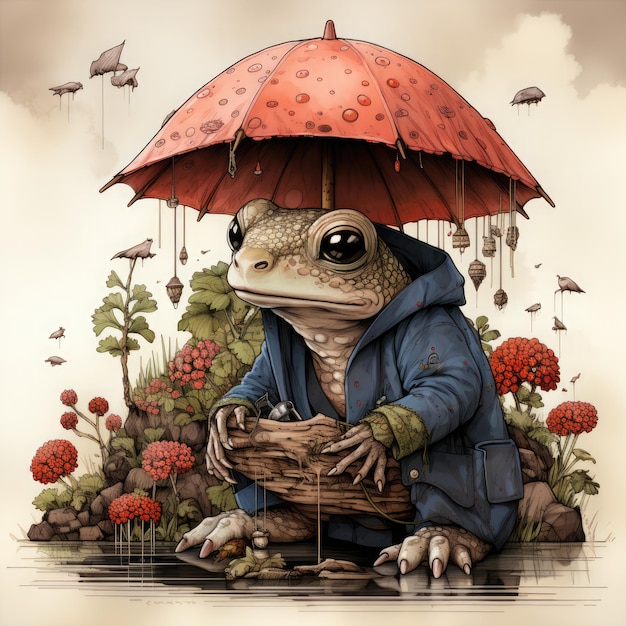 Frog with an umbrella in the rain 3d illustration