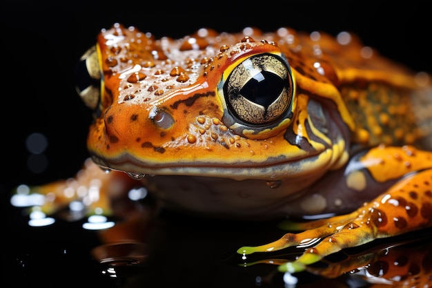 a frog with a yellow eye and a black background