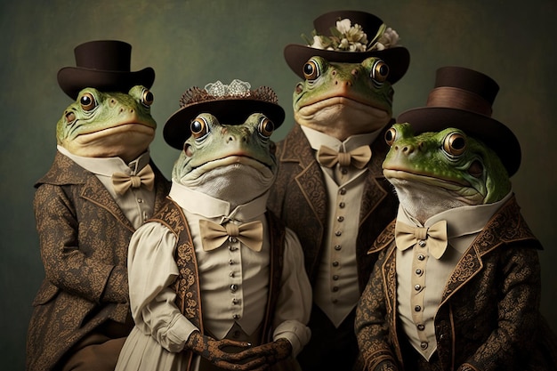 Frogs animals dressed in victorian era clothing illustration generative ai