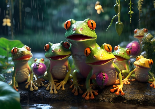 Frogs are sitting on a rock in the rain with leaves generative ai