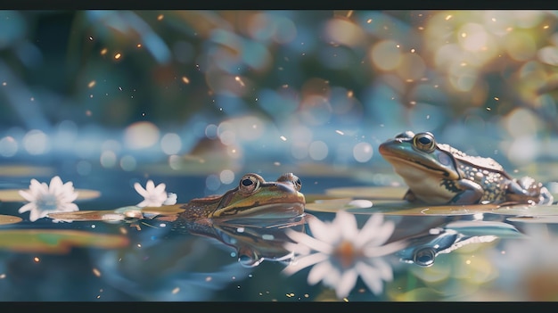 Frogs in the pond with bokeh light A tranquil green pond background