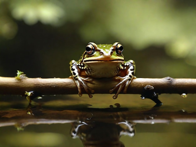 Frogs sitting on top of a tree branch