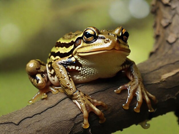 Frogs sitting on top of a tree branch